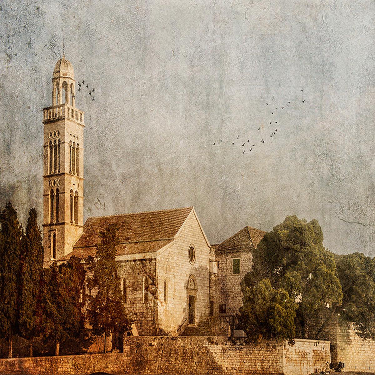 White Stone Church in Europe on a Painterly Textured Background, Sojourn