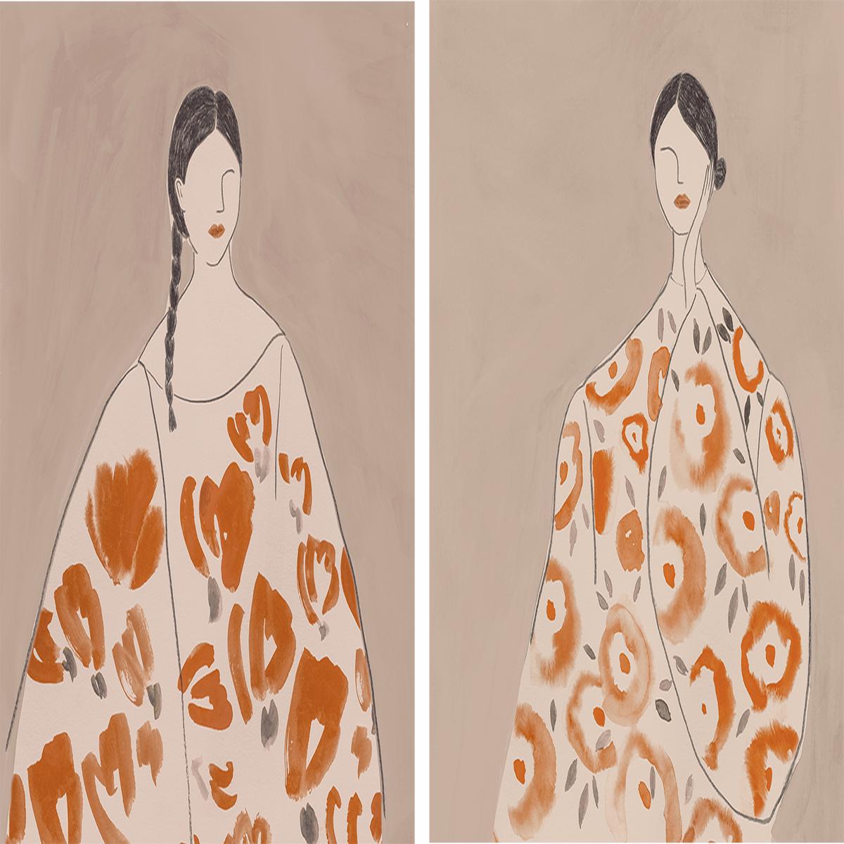 Floral Woman, Mocha Tone, Style A & B, Set Of 2
