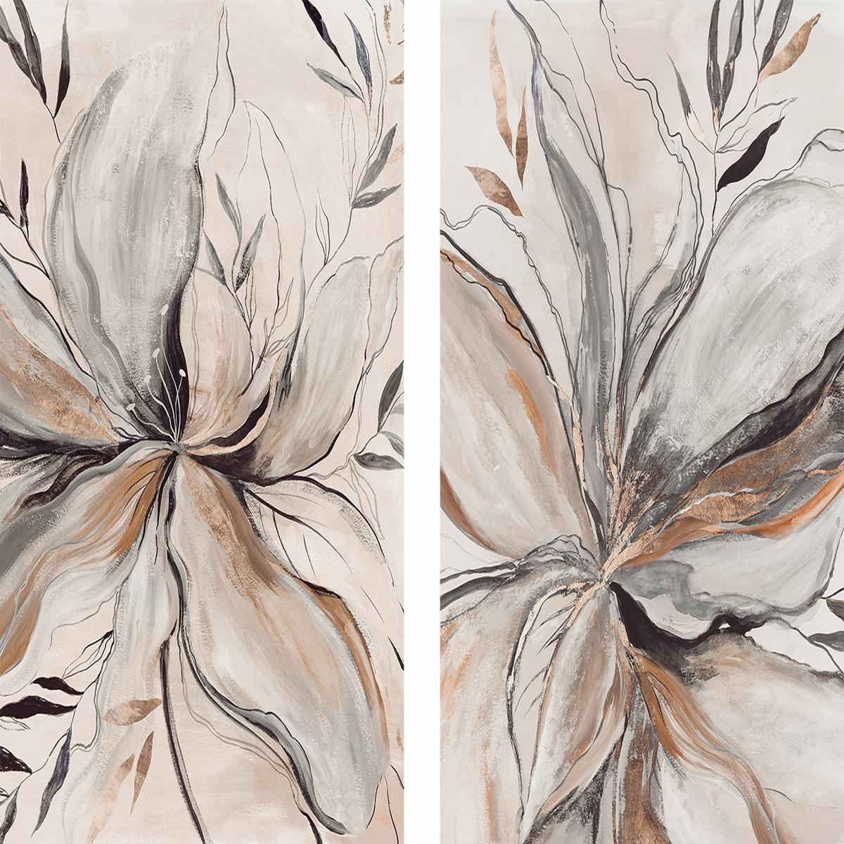 Gold Brown Charcole Flower, Style A & B, Set Of 2