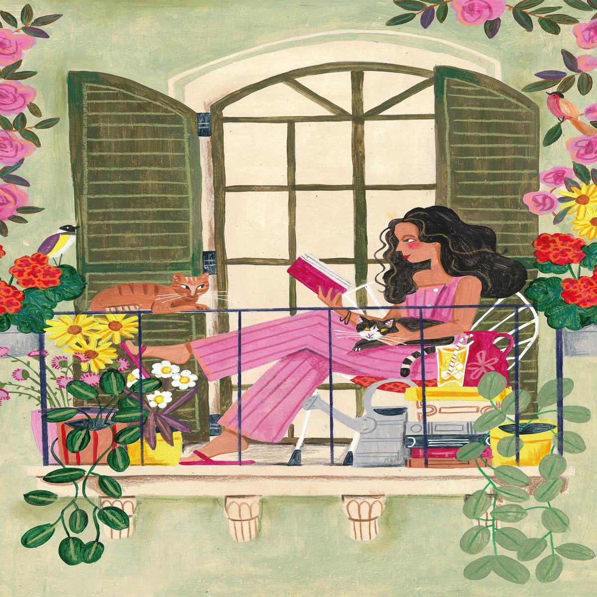 Woman reads on balcony
