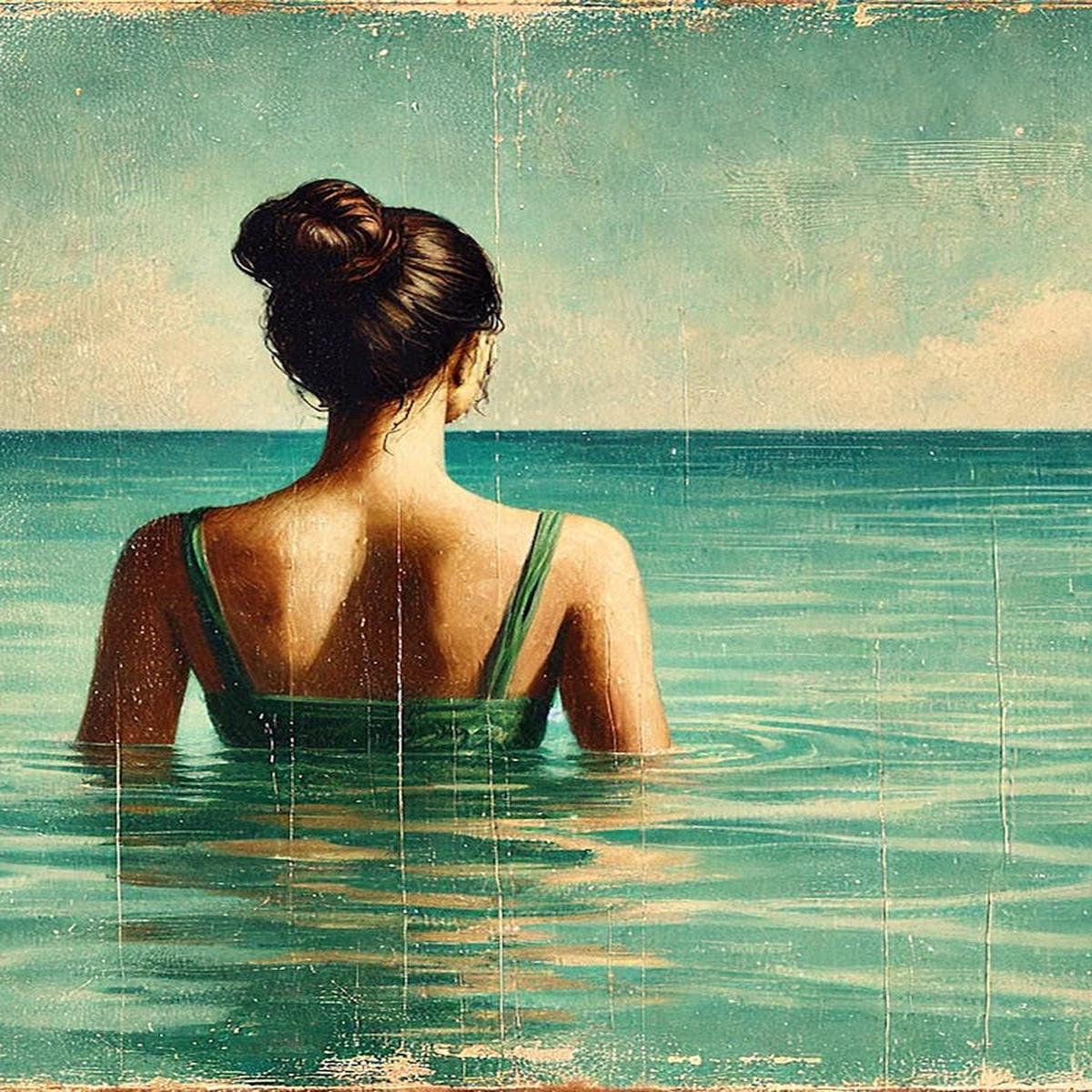 A Painting In A Vintage Oil Painting Style, Showing The Back Of A Woman With Dark Hair In A Bun, Wearing A Green Swimsuit.