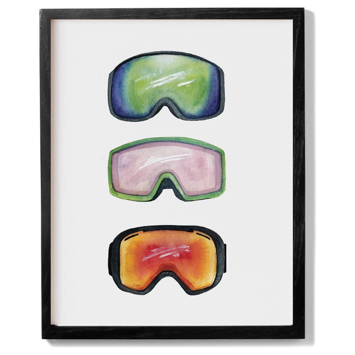 Ski Goggle Trio Watercolour Print - Dark Oak Frame
