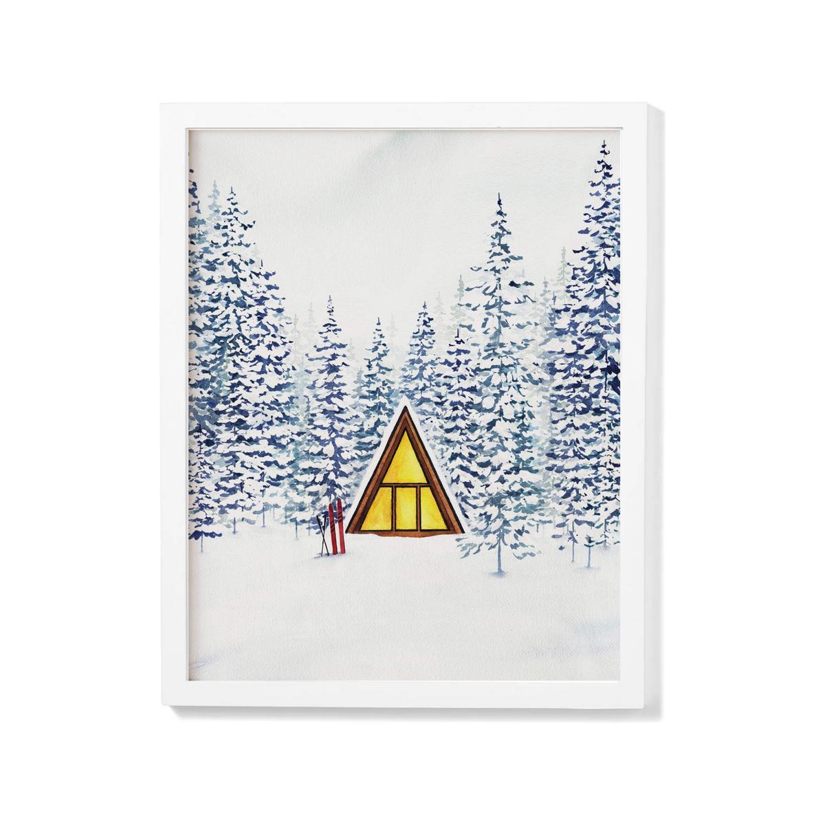 Snowy Cabin A-Frame Watercolour Print - White Frame