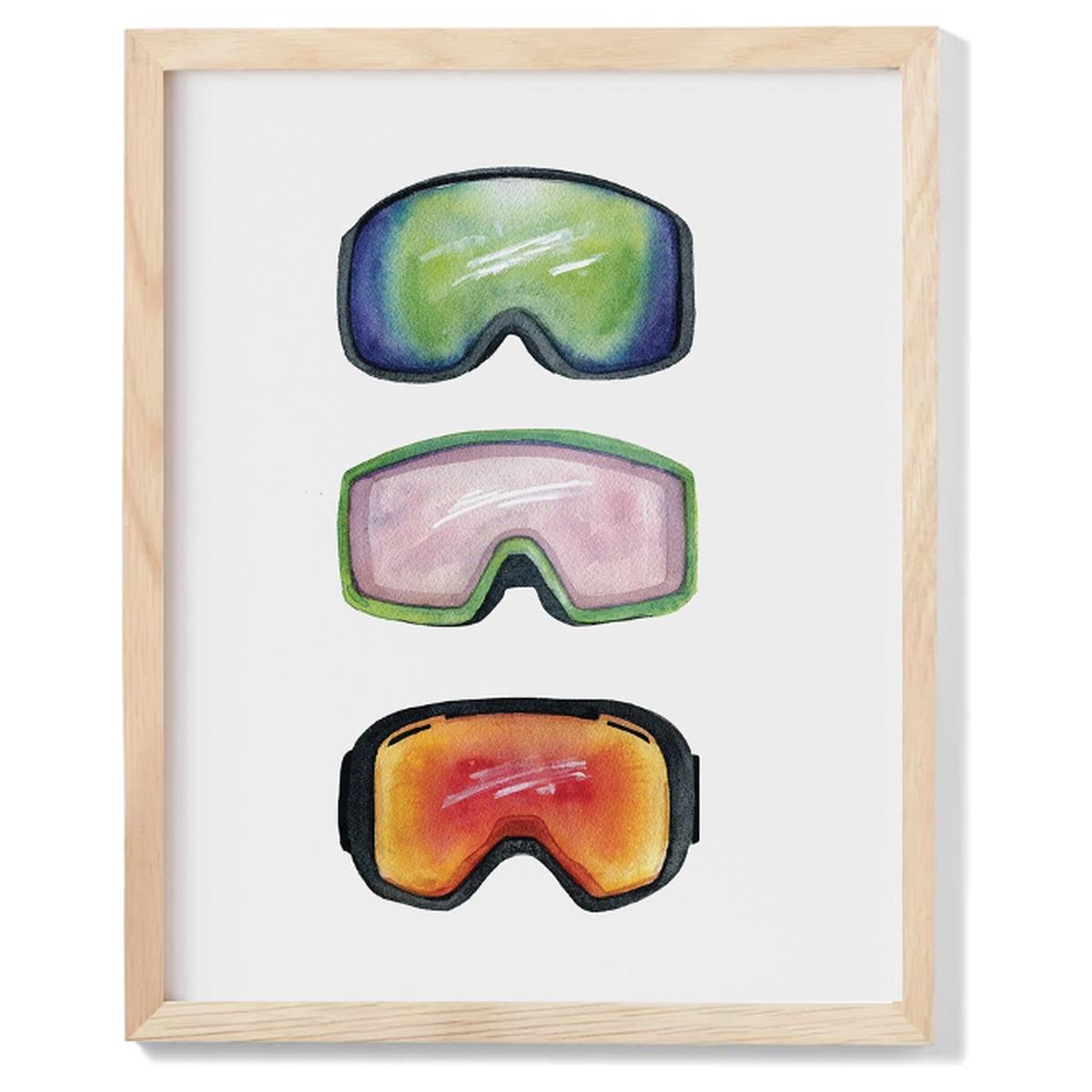 Ski Goggle Trio Watercolour Print - Oak Frame