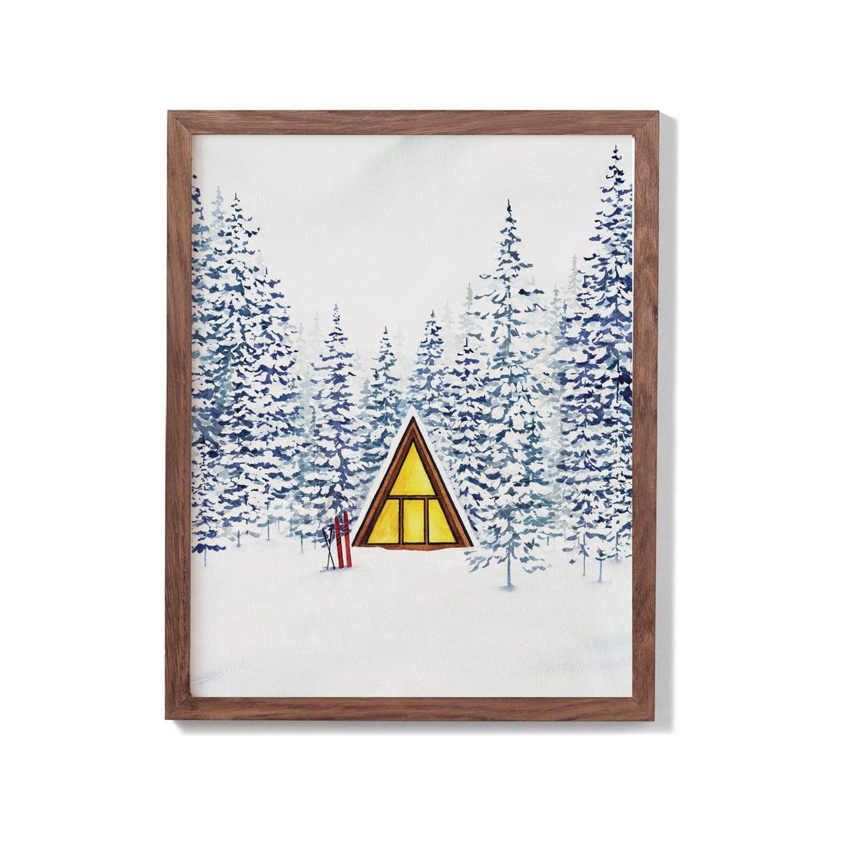 Snowy Cabin A-Frame Watercolour Print - Dark Oak Frame