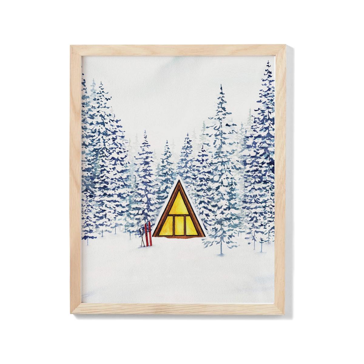 Snowy Cabin A-Frame Watercolour Print - Oak Frame