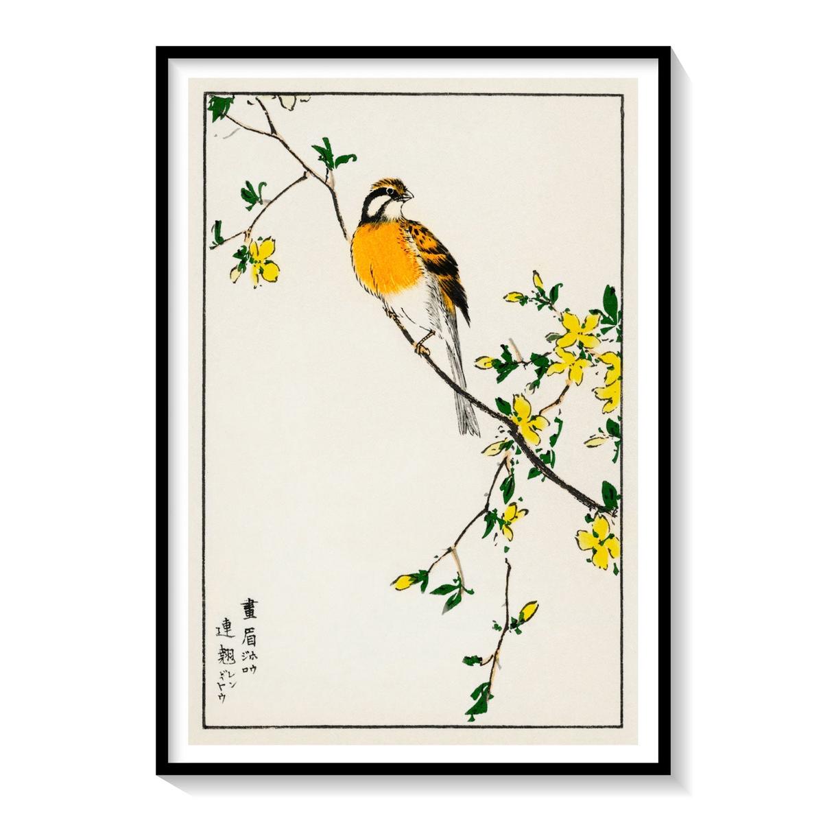 Japanese Meadow Bunting and Golden Ball, Japanese Art Painting