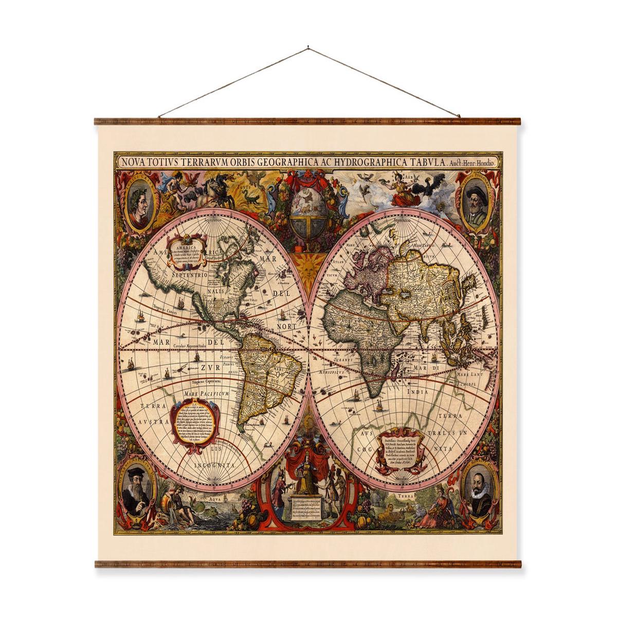 1630 World Map Canvas - Hand Restored Vintage World Map Scroll Style Wall Art