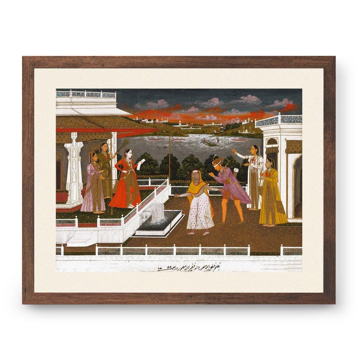 A blindfolded suitor is brought before a princess Mughal, Mughal Miniature Paintings