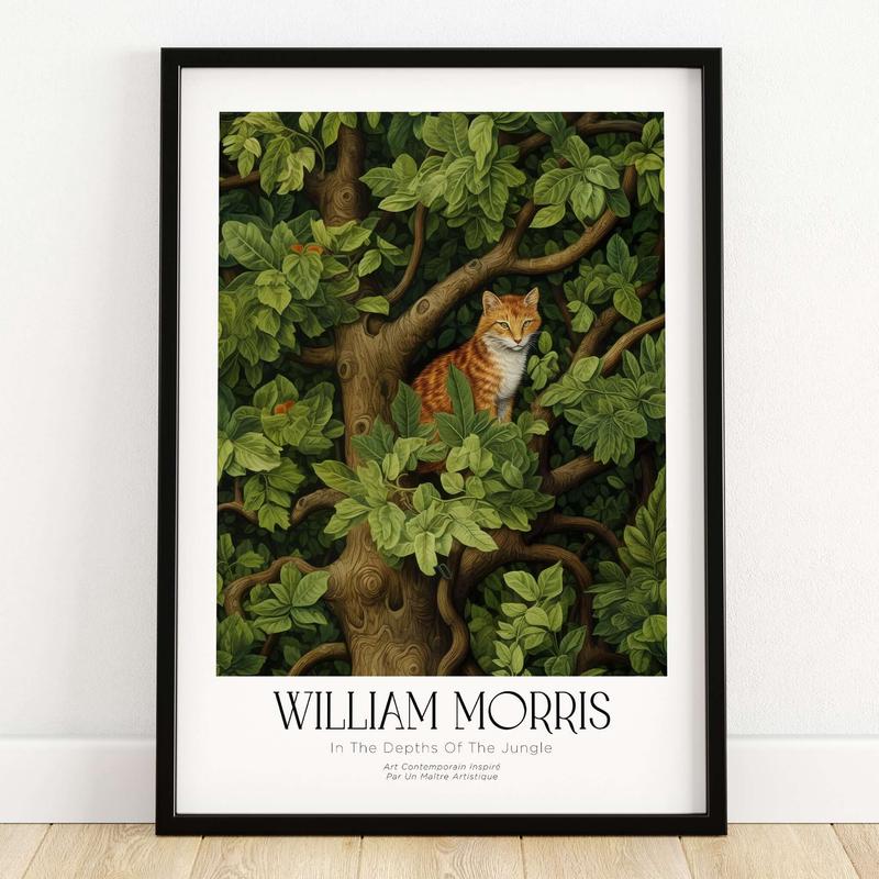 William Morris Ginger Cat in Tree Botanical Art Print - Foliage Poster