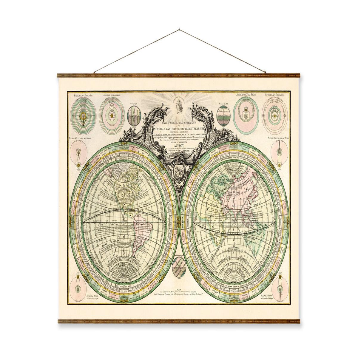 1760 Geo-Spherique Map - Vintage World Map Canvas Scroll With Armillary Sphere Diagram