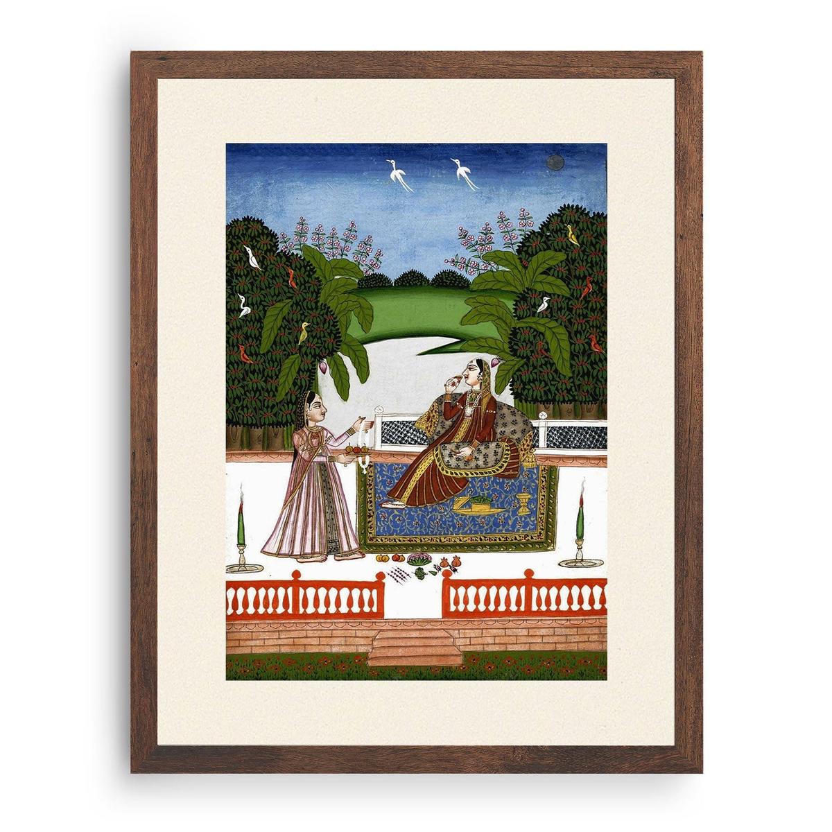 Woman seated on a terrace with female attendant, Indian Miniature Paintings