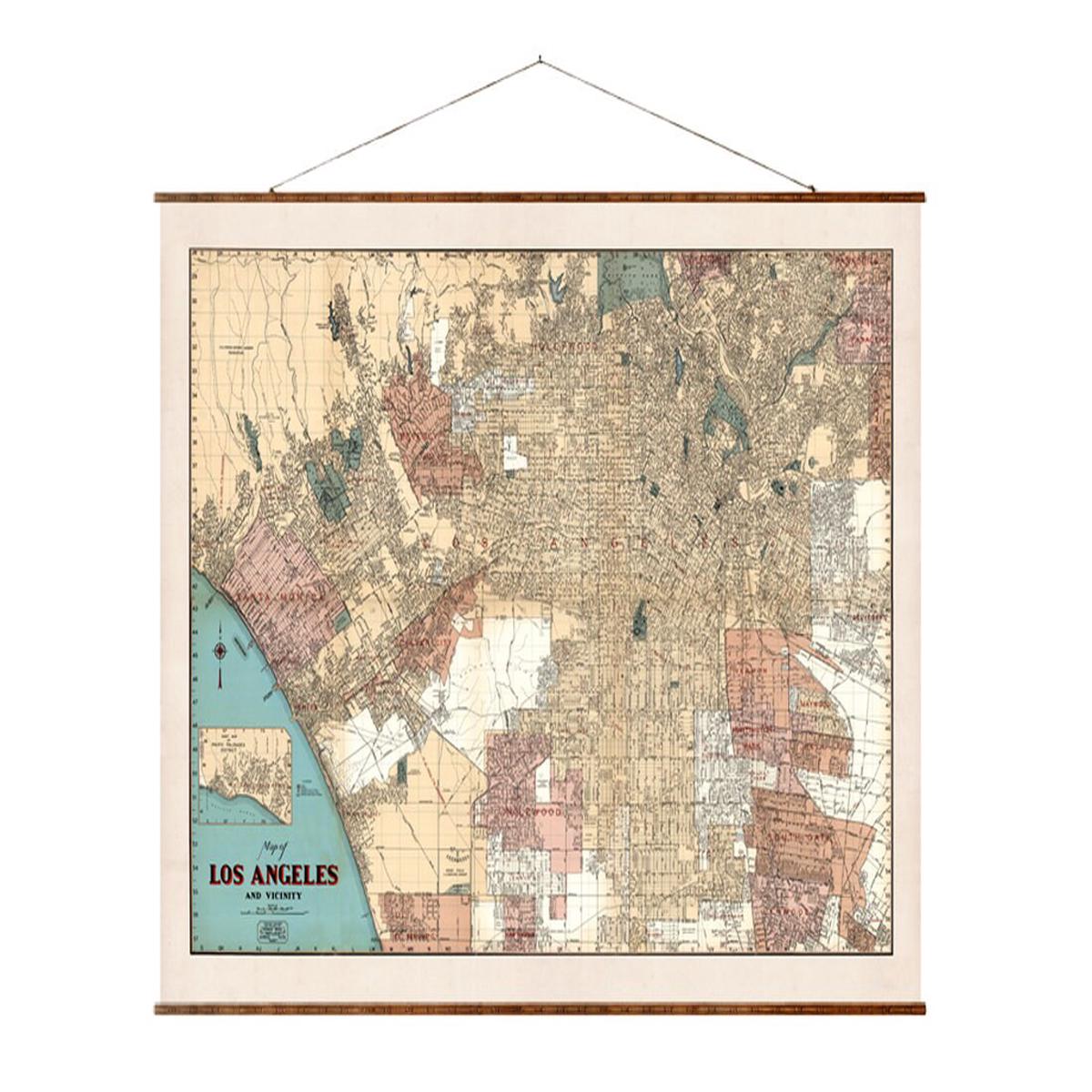 1938 Los Angeles Map - Vintage City Map Canvas Wall Art With Wooden Scroll Hanger