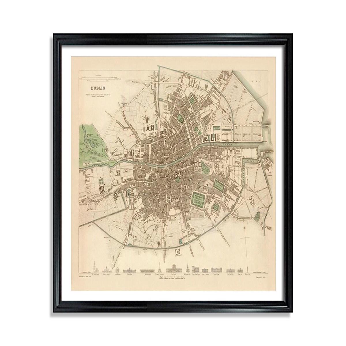 1836 Dublin Map - Hand Colored Antique City Map | Archival Wall Art Print