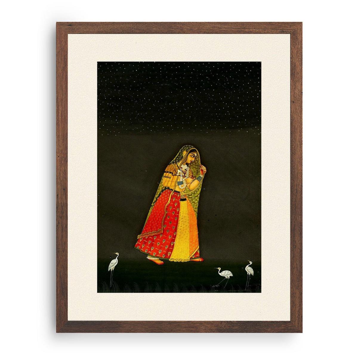A lady moves through a moon lit landscape, Rajasthani Miniature Paintings