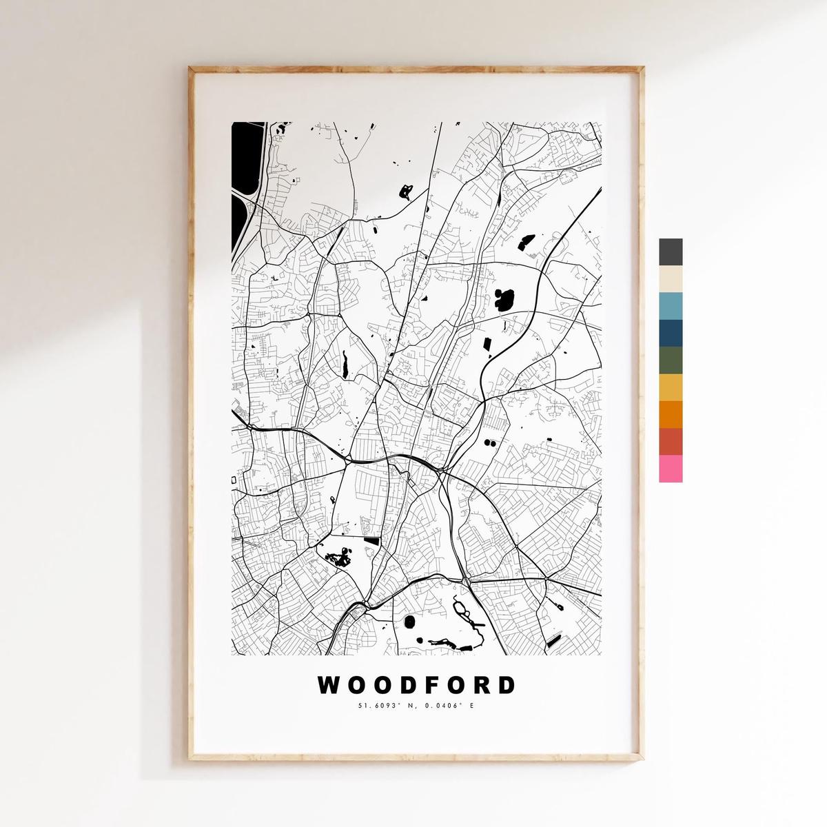 Woodford Map Print - Minimalist City Map Poster - Map Art - UK - Woodford Print - Woodford, London - Different Colours Available