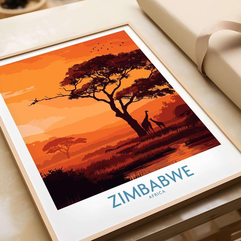 Zimbabwe Safari Sunset Poster - Africa Giraffe Wall Art - Wildlife Travel Print