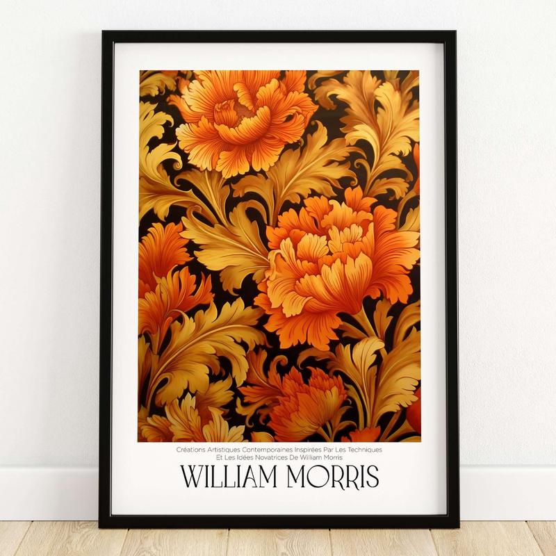 William Morris Prints - Orange Gold Floral Pattern Art Print - Dark Botanical Poster