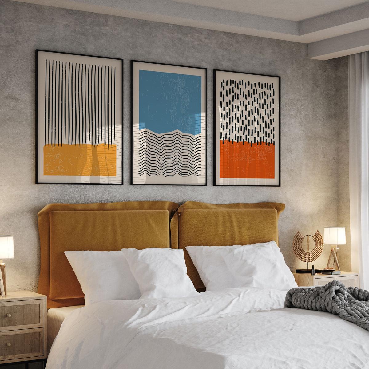 Yellow Blue Wall Painting, Abstract-Geometry-02 Art Set of 3, Modern Art