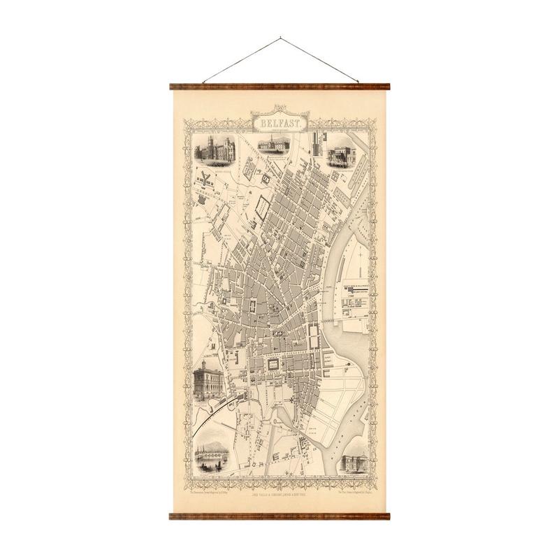 1851 Belfast Map  Vintage Canvas Scroll Art With Hand Restored Details