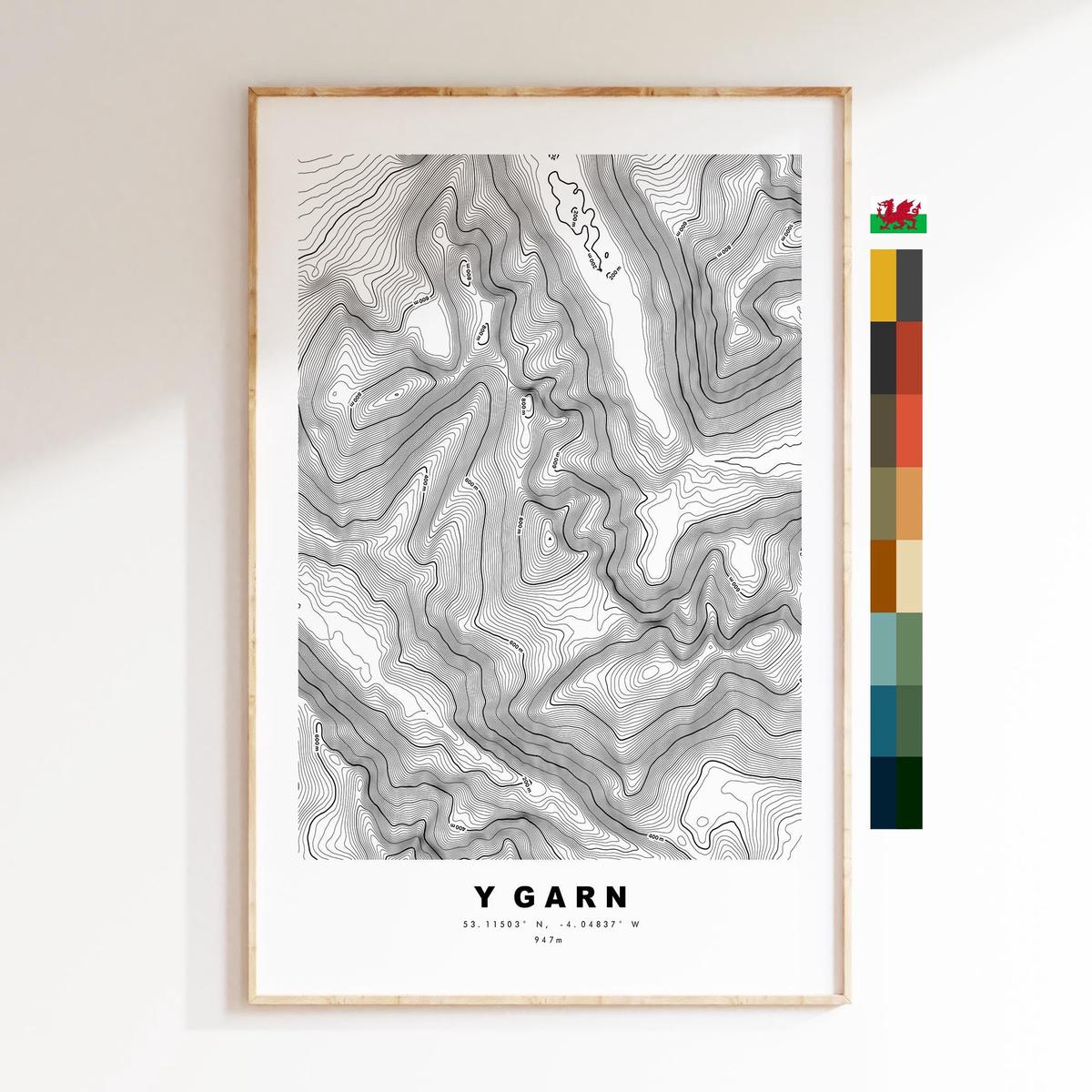 Y Garn Print - Contour Map - Snowdonia - Wales - Topographic Map - Print - Poster - Wall Art - Y Garn Poster - Relief Map - Topography