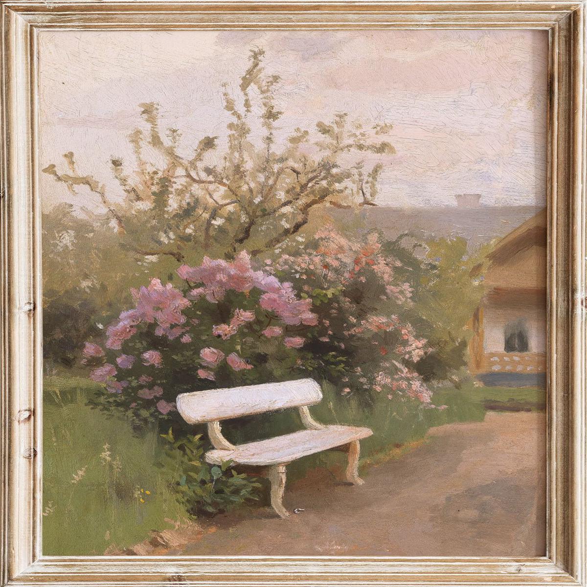 "The White Garden Bench" Art Print