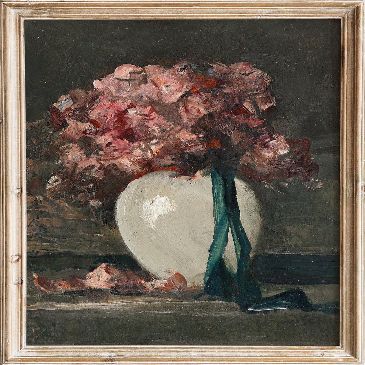 "Pink Flowers in a White Vase" Art Print
