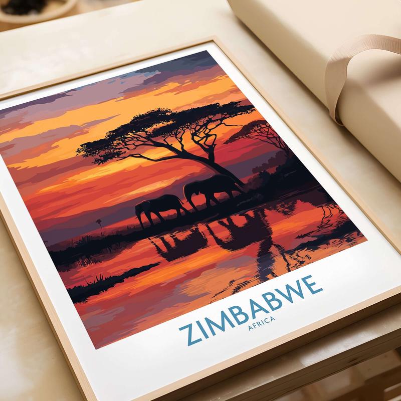 Zimbabwe Poster - Africa Elephant Wall Art - Wildlife Reflection Print