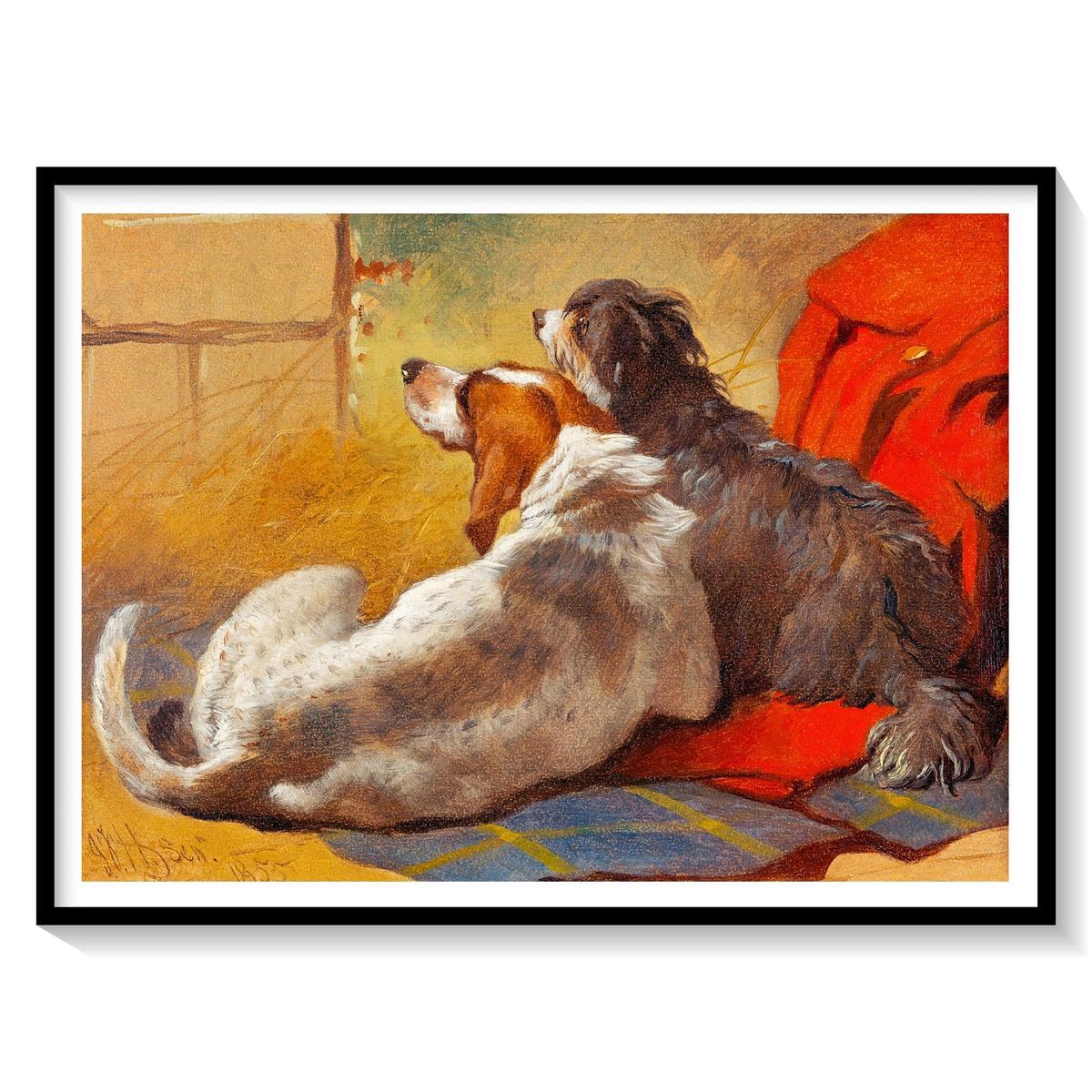 A Hound and a Bearded Collie seated on a Hunting Coat, Animal Painting