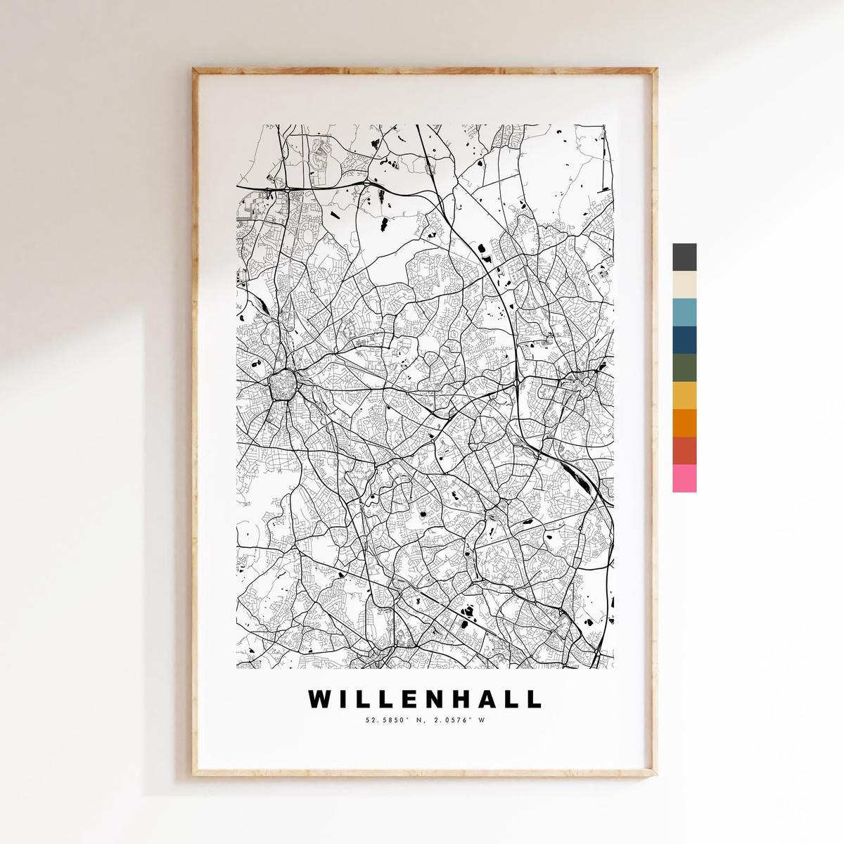 Willenhall Map Print - Minimalist City Map Poster - Map Art - UK - Willenhall Print - West Midlands - Different Colours Available