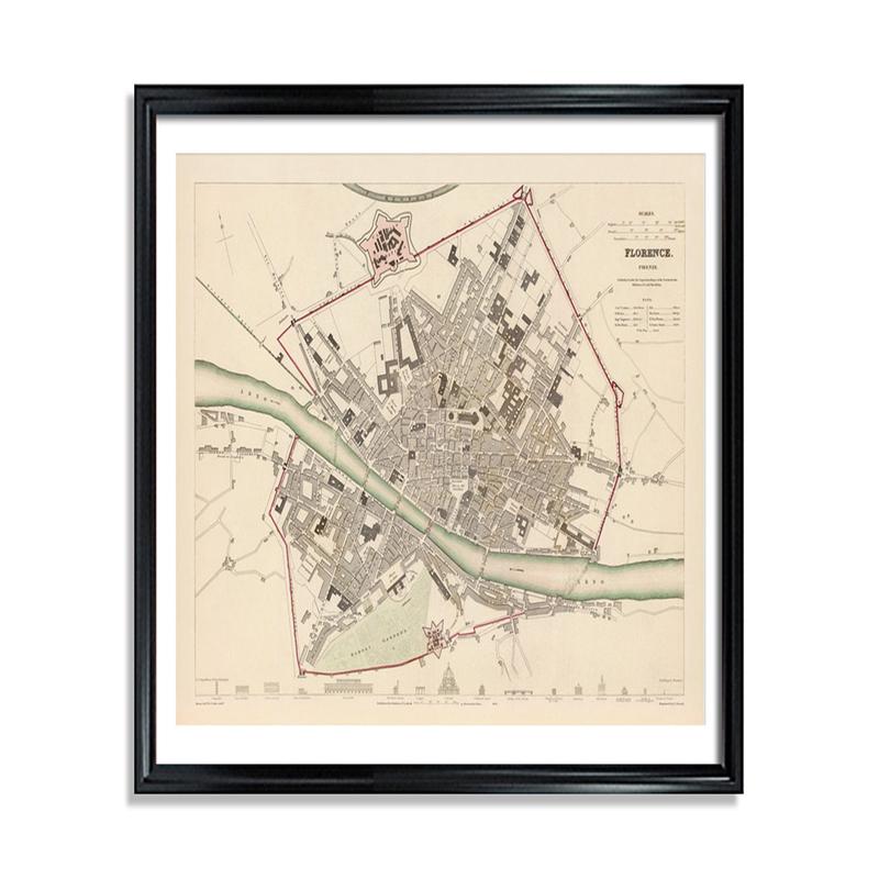 1835 Florence Map - Vintage Archival Print With Detailed Facade Artwork