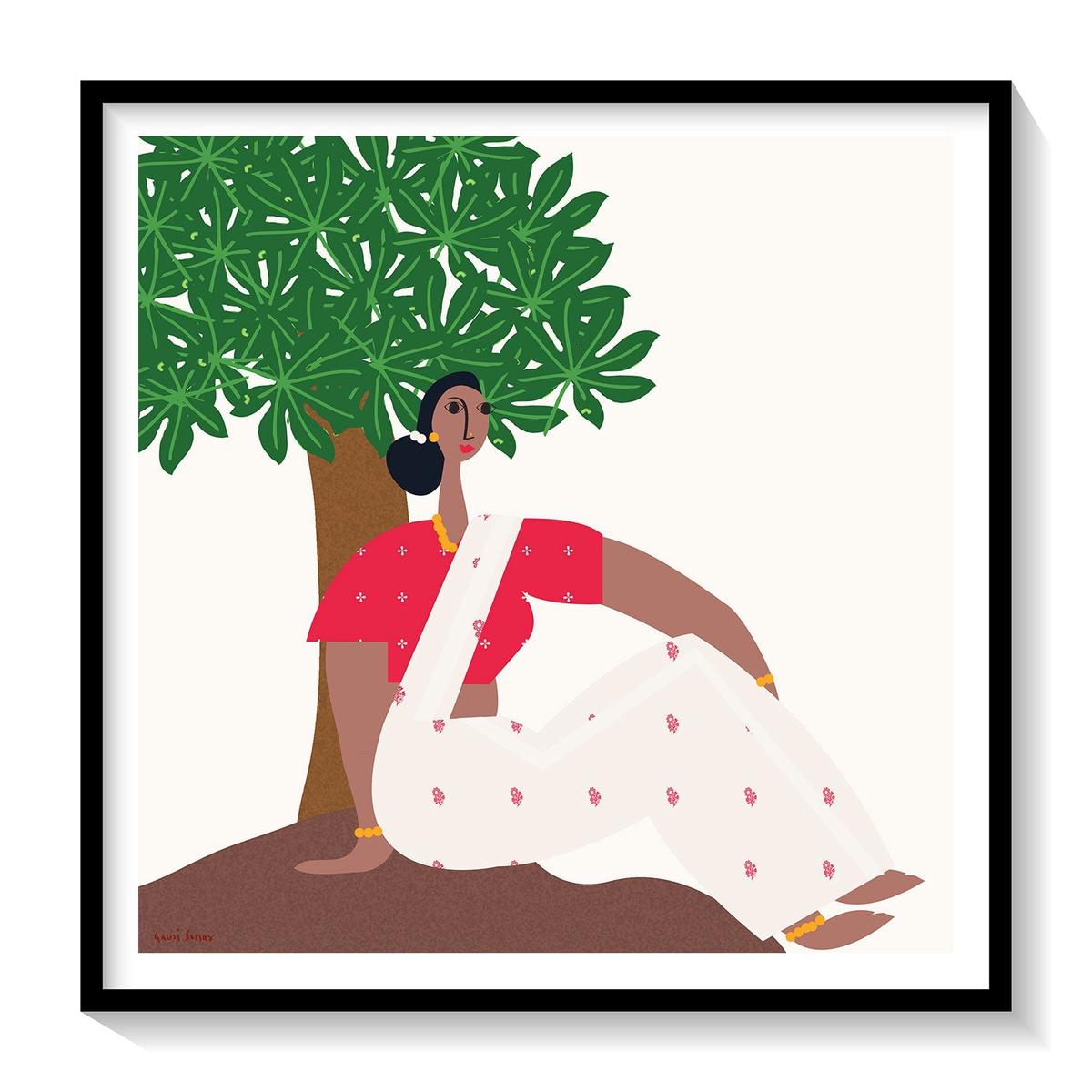 Woman Under tree in sari, Wall Art Prints