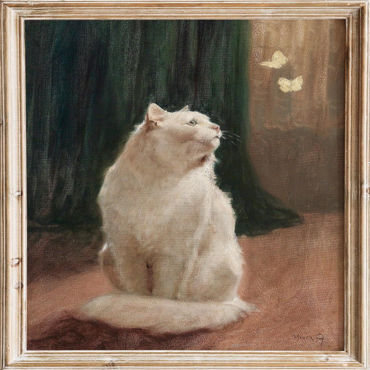 "White Cat with Two Butterflies" Art Print
