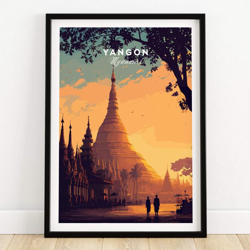 Yangon Myanmar Wall Art Print | Shwedagon Pagoda Sunset Travel Poster