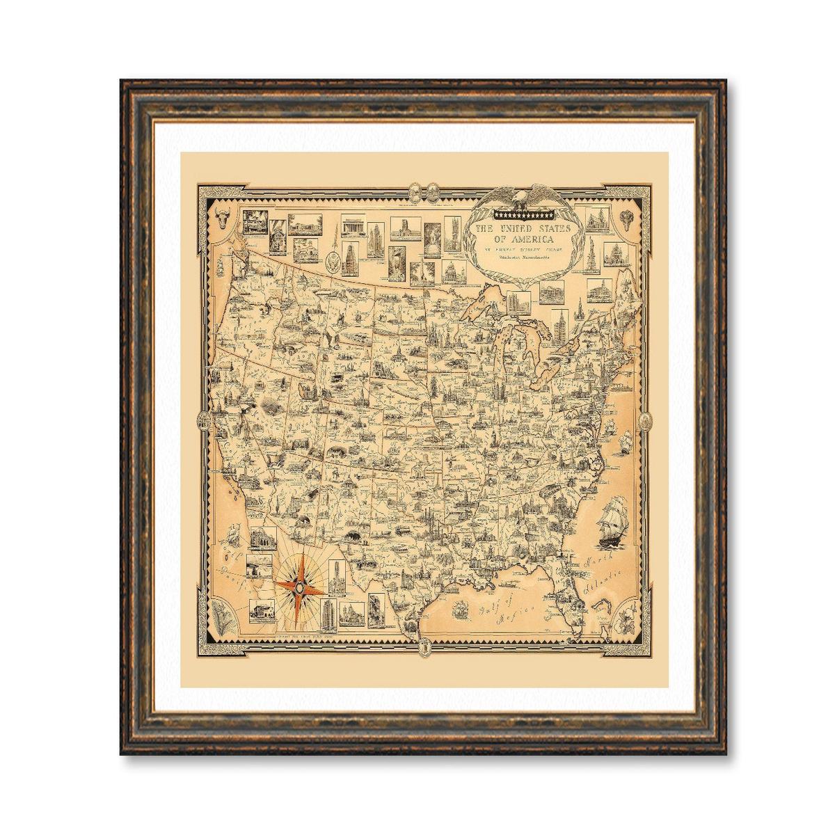 1935 USA Map Print - Vintage US Map With Historical Landmarks & Art Deco Style