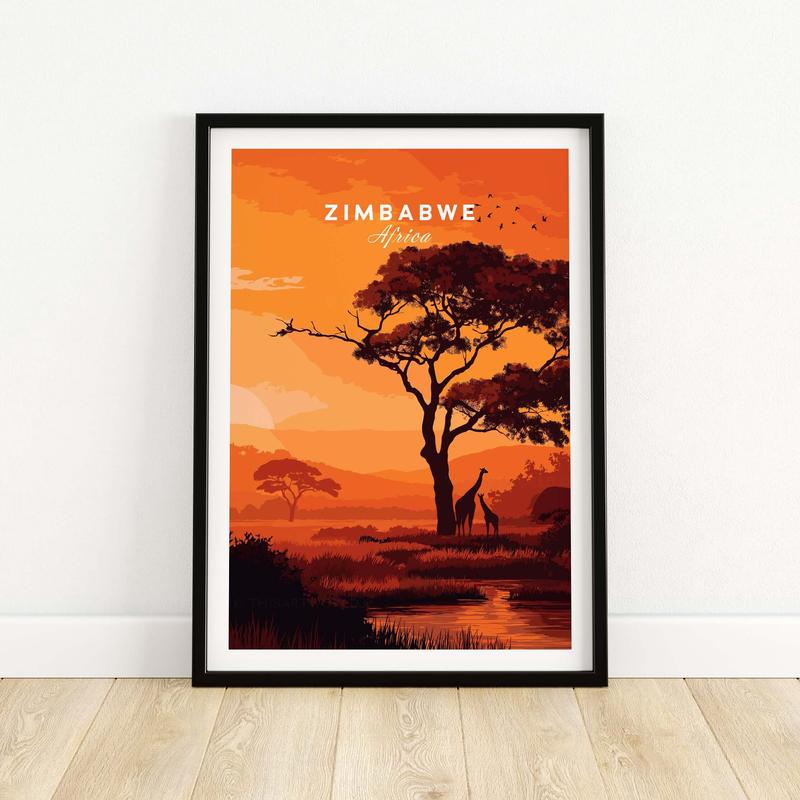 Zimbabwe Poster - African Savanna Print - Giraffes at Sunset Home Decor