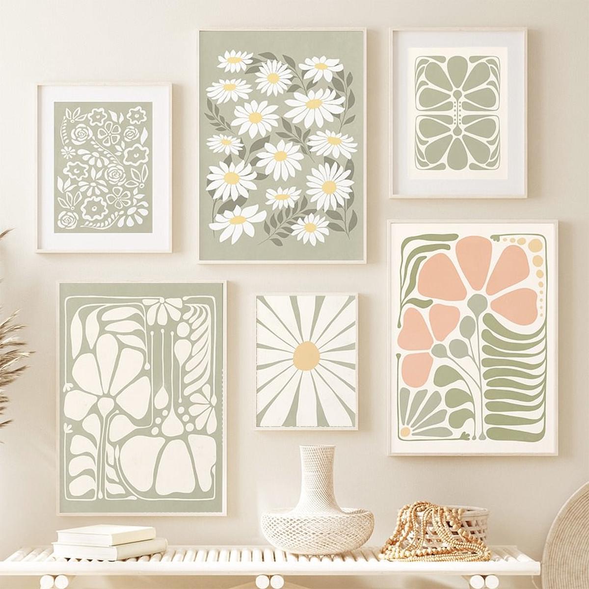 Yeknu Sage Green Flowers Canvas Posters