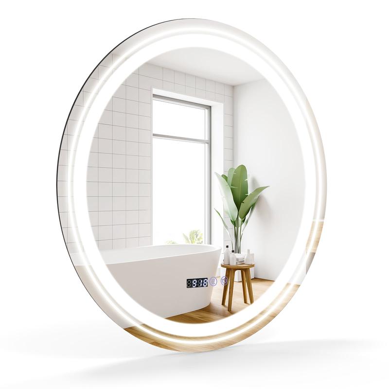 Anti-Fog Round LED Bathroom Mirror, L, 3 Color Lights, White - White