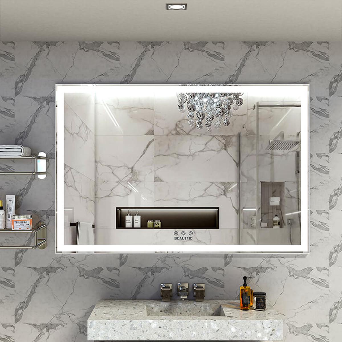 60" x 40" Oversized LED Wall Mounted Bathroom Mirror with 3 Color Modes in Silver Aluminum Frame