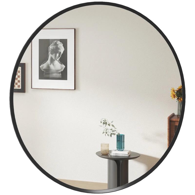 24" Round Wall Mirror, Modern Home Decor for Bedroom Living Room Bathroom, Black
