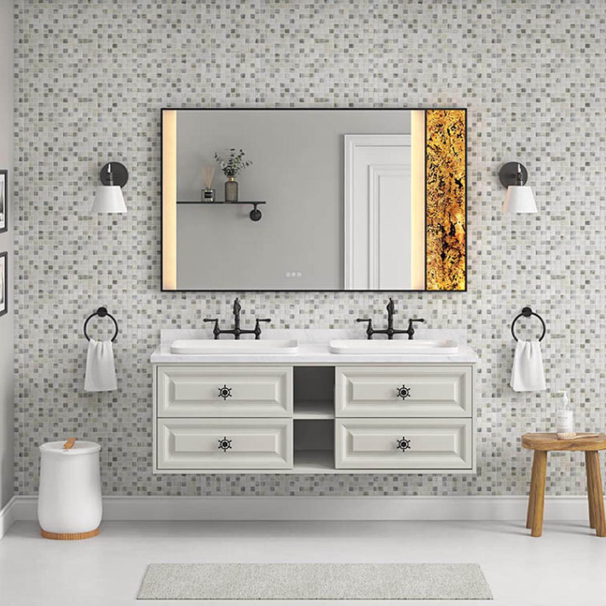 60" x 36" Black LED Bathroom Vanity Mirror with Back Light, Anti-Fog Memory Large Adjustable Vanity Mirror in Natural Stone
