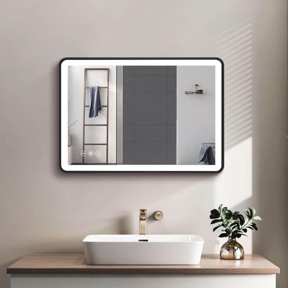 Black Framed Wall Mounted LED Bathroom Mirror with 3-touch Sensor - 24" x 32"