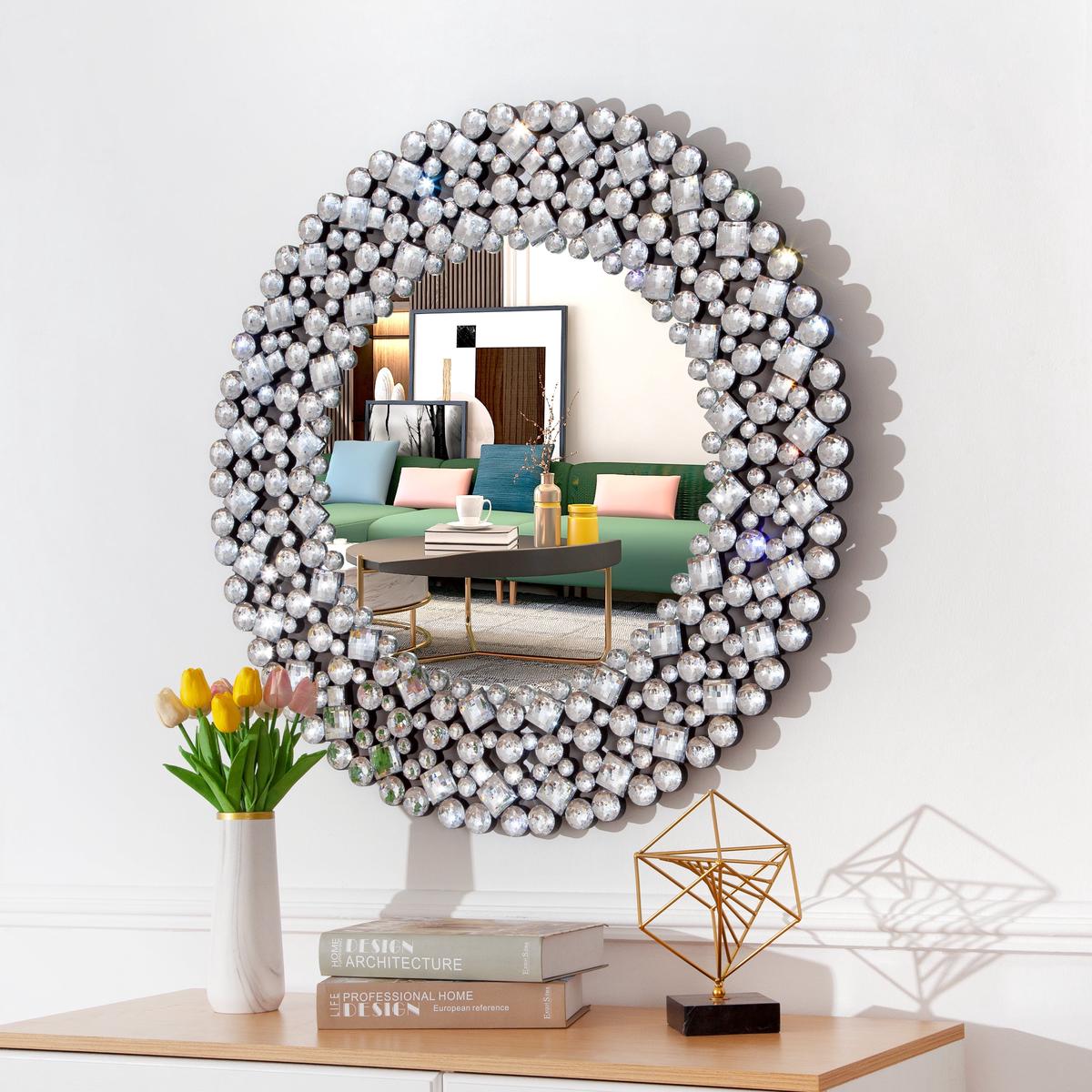 Wall Mirror, Round Crystal Accent 34 inch