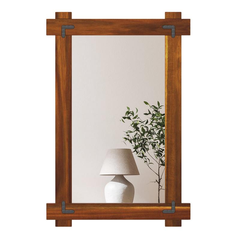 Wood Framed Mirror, Acacia Frame, Vintage Rivet Design, Brown-S, Brown - Brown