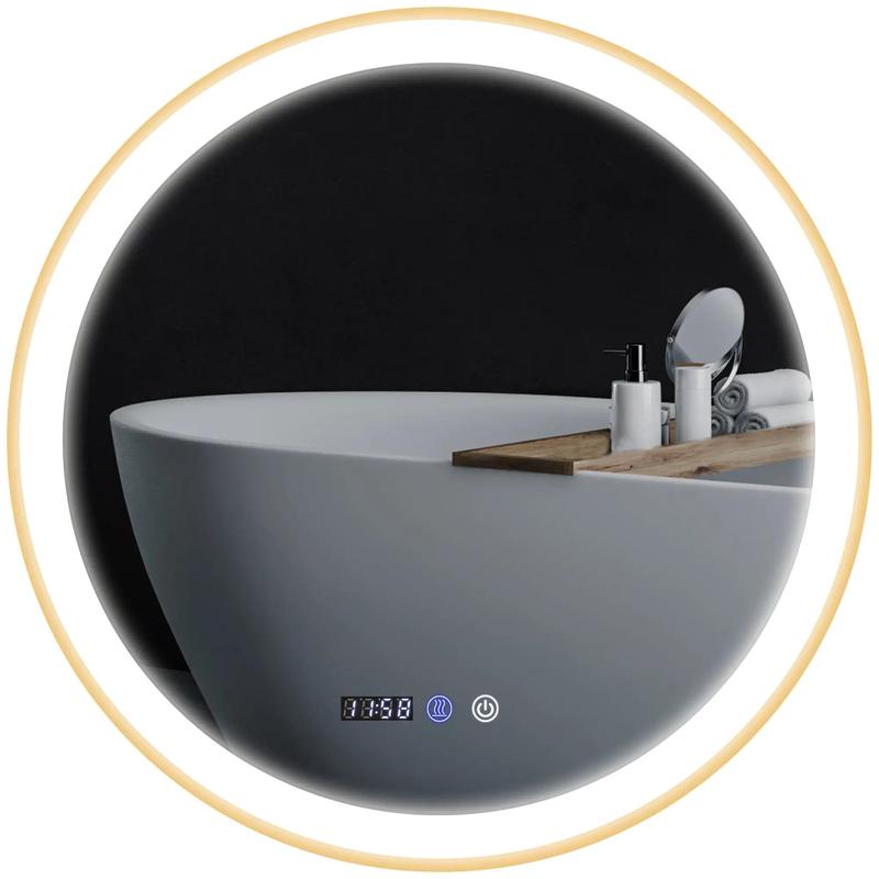 24" Round LED Bathroom Mirror, Anti-Fog, Time Temp Display, Gold - Gold