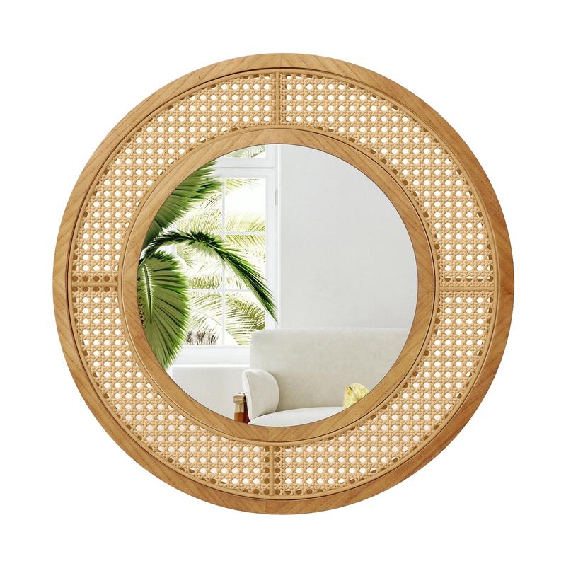 25.5 Inch Round Wall Mirror, Wooden Frame, Natural