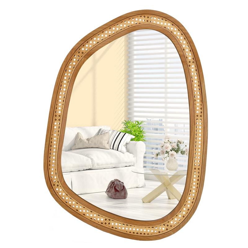 33 Inches x 23.5 Inches Irregular PVC Rattan Wall Mirror, Wooden Frame, Natural - Natural