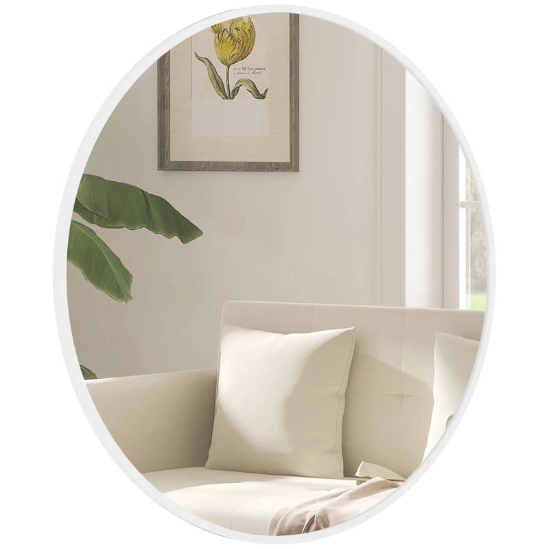 36" Round Mirror, Metal Frame, Bathroom Wall Mirror, White - White