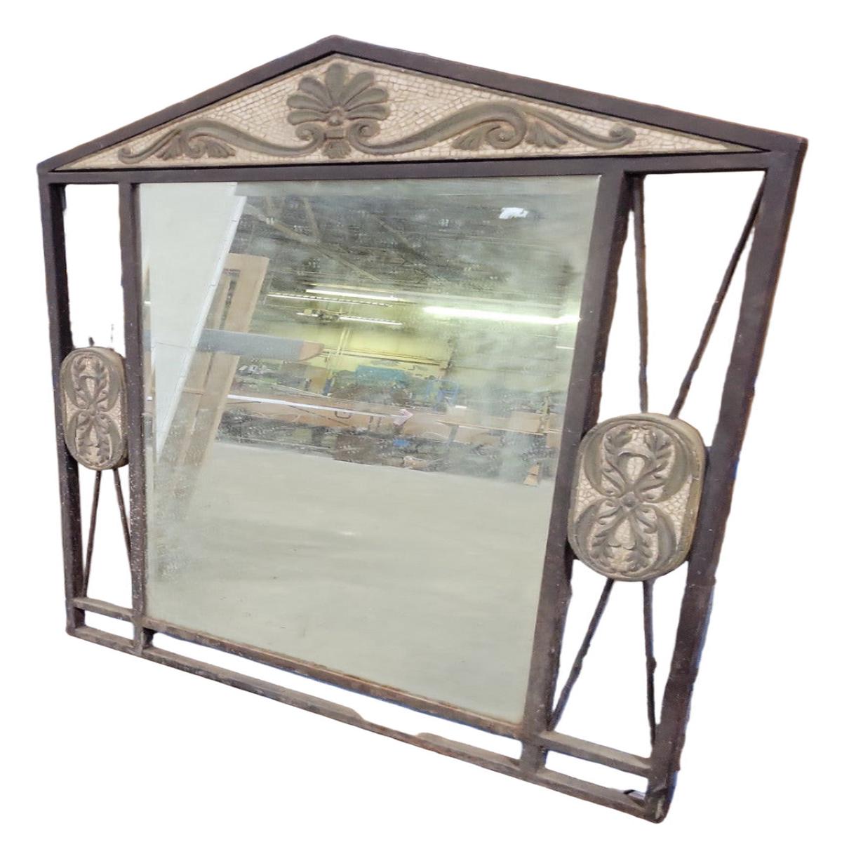 Antique Wrought Iron & Tile Crest Mirror with Shell Motif