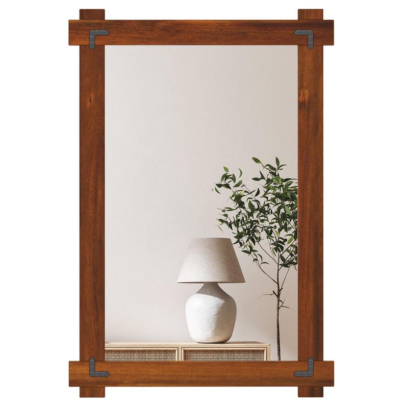 Wood Framed Mirror, Acacia Frame, Vintage Rivet Design, Brown-M, Brown